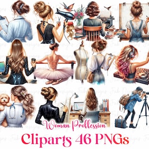 Puede incluir: Ilustraciones en acuarela de mujeres en diversas profesiones. Las imágenes incluyen una doctora, una bailarina, una DJ, una escritora, una peluquera y una artista. El texto "Woman Professions" y "Cliparts 46 PNGs" se muestra en la imagen.