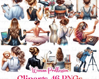 Watercolor Woman Profession Clipart: Career PNG Stickers (Digital Download)
