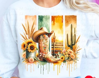 Diseño PNG de vaquera occidental, archivos PNG de campo de vaqueros, botas de vaquera coqueta, sombrero, sublimación PNG, camiseta PNG, descarga digital de camiseta PNG