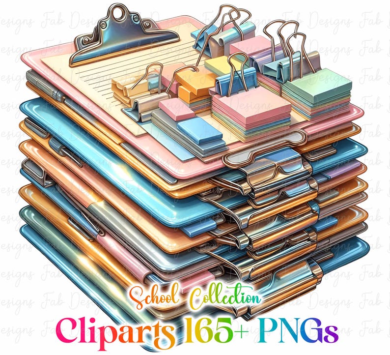 May include: A collection of colourful clipboards, sticky notes, and binder clips. The clipboards are in shades of pink, blue, and orange. The image includes the text "School Collection Cliparts 165+ PNGs."