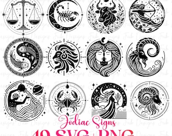 Zodiac Signs SVG Bundle: 49 Horoscope Astrology Designs (Digital Download)