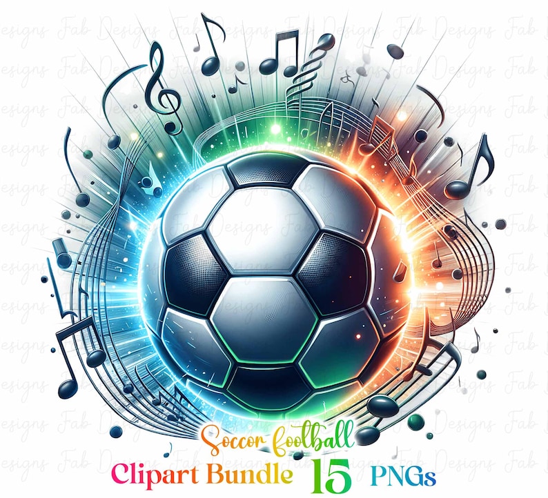 May include: A soccer ball with a glowing blue and orange light effect, surrounded by musical notes. The text "Soccer Football Clipart Bundle 15 PNGs" is at the bottom of the image.