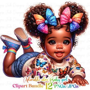 12 かわいい愛らしいアフリカ系アメリカ人の赤ちゃんの女の子のクリップアート バンドル、明るくカラフルなイラスト、デジタル ステッカー、愛らしいアフロ キッズ アート
