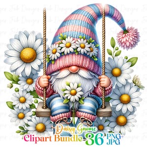 36 Watercolor Daisy Gnome clipart bundle PNG, Garden clipart, Daisy gnome PNG graphics, Gnome With Flowers, Sublimation Designs Downloads