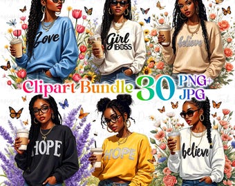 Black Girl Motivation Clipart Bundle: Fashionable Afro Graphics (Digital Download)
