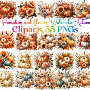 Watercolor Pumpkin Clipart Bundle: Autumn Flowers, Cozy Fall (PNG Digital Download
