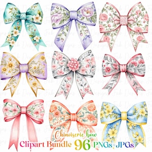 May include: A set of nine watercolor illustrations of floral bows in various colors, including pink, blue, yellow, and purple. The bows are decorated with delicate floral patterns and are perfect for adding a touch of elegance to any project.