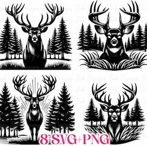 Puede incluir: Ilustraciones en blanco y negro de ciervos con grandes cornamentas, rodeados de pinos y hierba. Las im&aacute;genes est&aacute;n en un estilo de silueta, con un enfoque en la apariencia majestuosa del ciervo. El texto "8 SVG+PNG" est&aacute; en la parte inferior.