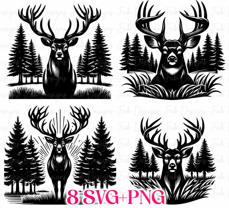 Puede incluir: Ilustraciones en blanco y negro de ciervos con grandes cornamentas, rodeados de pinos y hierba. Las im&aacute;genes est&aacute;n en un estilo de silueta, con un enfoque en la apariencia majestuosa del ciervo. El texto "8 SVG+PNG" est&aacute; en la parte inferior.