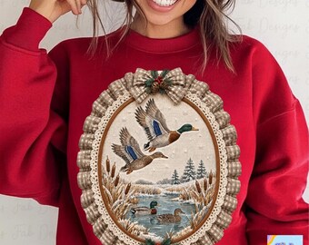 Faux Embroidery Mallard PNG, Flying Ducks over Winter Marsh in Gingham Ruffle Hoop, Christmas Duck Hunting Shirt, Cottagecore Mallard