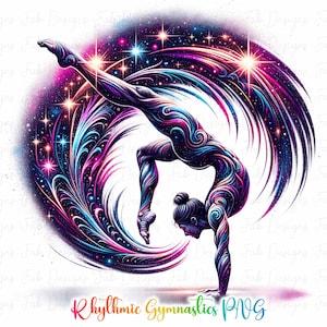 Può includere: Un'illustrazione astratta colorata di una ginnasta che esegue un handstand su uno sfondo di galassia. La ginnasta è raffigurata in uno schema di colori vibranti viola, blu e rosa, con linee e motivi vorticosi che ricordano stelle e nebulose. Lo sfondo è blu scuro con stelle bianche scintillanti.