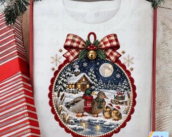 Faux Embroidery Christmas Mallard PNG, Duck Family Snowy Cabin Ornament with Pearls and Plaid Bow, Cottage Christmas Duck Sweatshirt Design