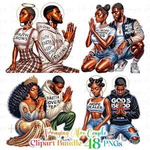 May include: Digital art of four couples in prayer, each with a halo. The couples are dressed in various outfits, including hoodies, crop tops, and denim shorts. Text includes "Faith Grows," "Pray More Worry Less," "Faith Over Fear," and "Hope Dealer."