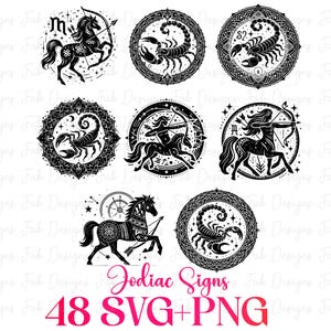 Op de afbeelding: Een verzameling zwart-wit illustraties van dierenriemtekens. De afbeelding toont cirkelvormige ontwerpen van Boogschutter, Schorpioen en andere astrologische symbolen. De tekst "Zodiac Signs" en "48 SVG+PNG" is ook aanwezig.