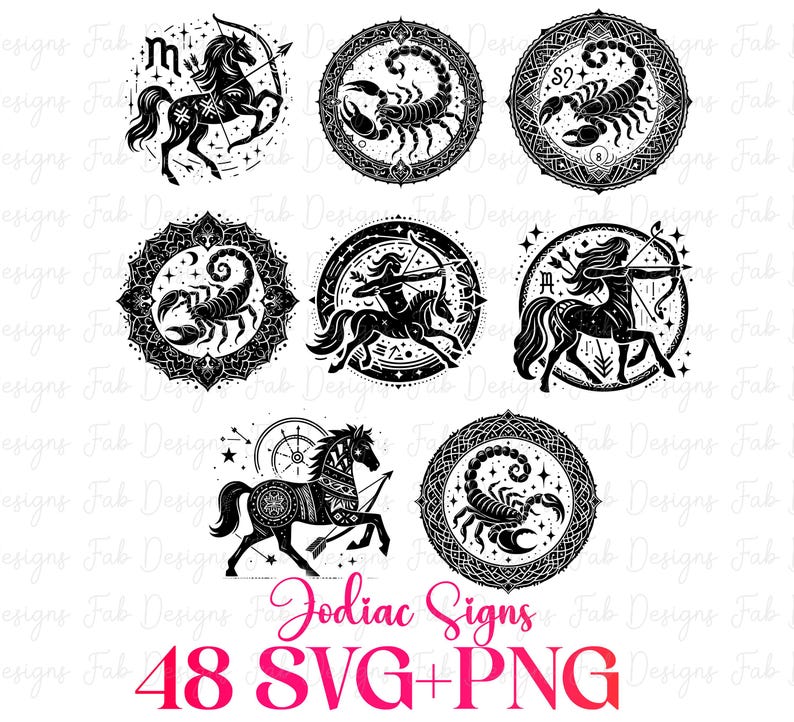 Op de afbeelding: Een verzameling zwart-wit illustraties van dierenriemtekens. De afbeelding toont cirkelvormige ontwerpen van Boogschutter, Schorpioen en andere astrologische symbolen. De tekst "Zodiac Signs" en "48 SVG+PNG" is ook aanwezig.