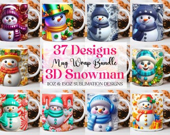 3D Snowman Mug Wrap Christmas Bundle Mug Wrap Sublimation Designs PNG, 11oz and 15oz Mug Template, Cute 3D Christmas Mug Wrap
