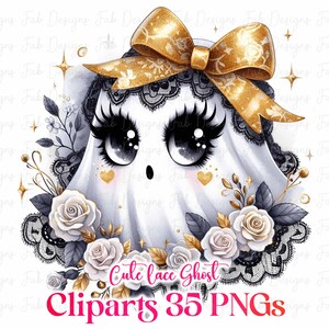 May include: A cute ghost illustration with large eyes, wearing a gold bow and a black lace collar. The ghost is surrounded by white roses, gold accents, and the text "Cute Lace Ghost Cliparts 35 PNGs" in pink.
