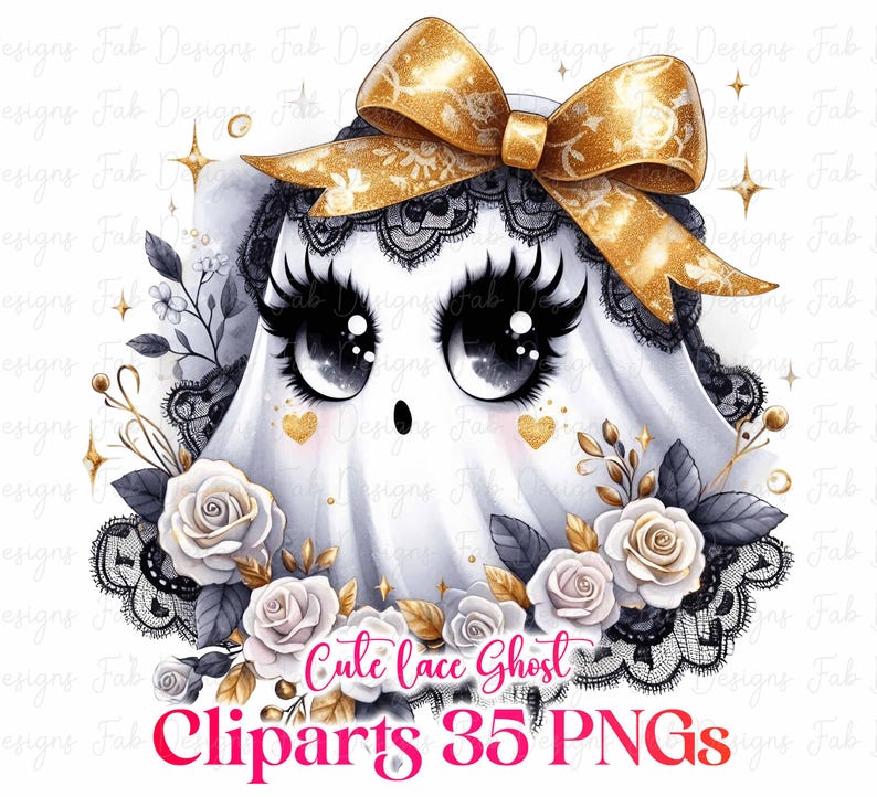 May include: A cute ghost illustration with large eyes, wearing a gold bow and a black lace collar. The ghost is surrounded by white roses, gold accents, and the text "Cute Lace Ghost Cliparts 35 PNGs" in pink.