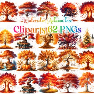 May include: A collection of 62 watercolor autumn tree cliparts in various styles. The trees are depicted in vibrant shades of red, orange, and yellow, with some featuring pumpkins and other fall elements. The text "Watercolor Autumn tree Cliparts 62 PNGs" is displayed.