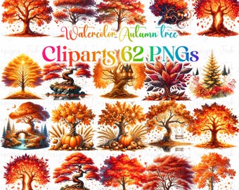 Watercolor Autumn Tree Clipart Bundle: Fall Tree Border (Digital Download)