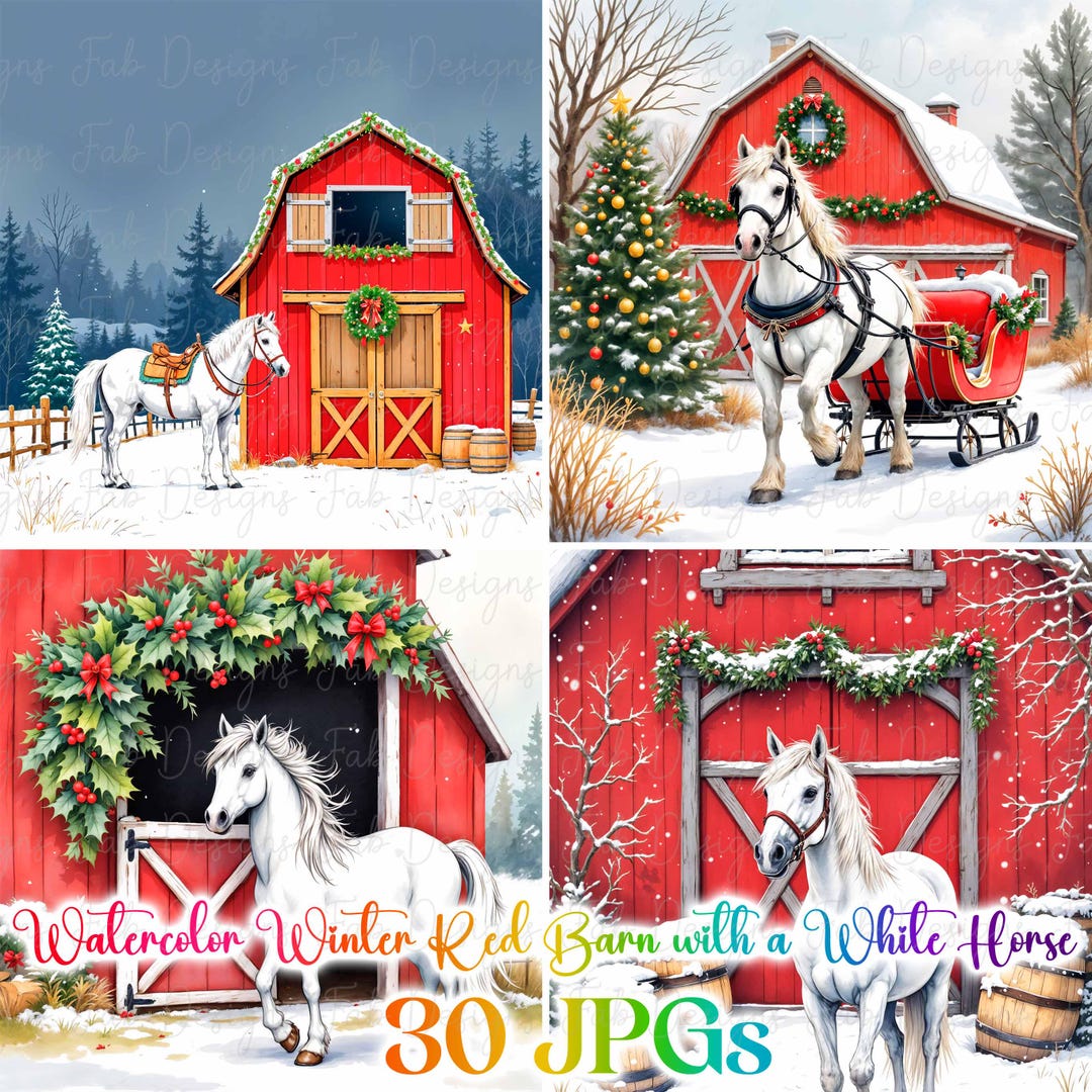 Watercolor Winter Barn Clipart: White Horse Christmas Scene (digital ...