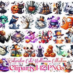 142 Cute Halloween Watercolor Clipart Bundle, Witch Clipart, Black Cat, Pumpkin Clipart, Kids Halloween PNG Halloween Decoration Ghost Mummy
