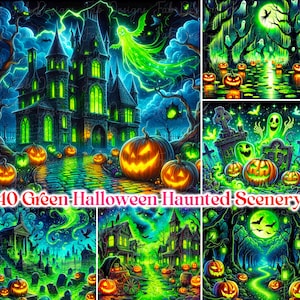 May include: A digital art collage with six Halloween scenes. Each scene features a haunted house, glowing pumpkins, and a green colour scheme. The text "40 Green Halloween Haunted Scenery" is at the bottom.