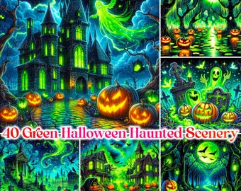 Green Halloween Scenery Illustrations: Haunted Ghost Graphics (Digital Download JPEGs for Scrapbooking, Junk Journals