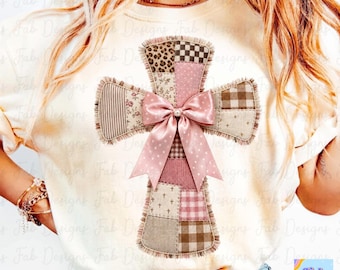 Coquette Patchwork Cross PNG, Christian Coquette Bow Cross, Faux Patchwork Faith Design, Preppy Religious Sublimation DTF Shirt PNG