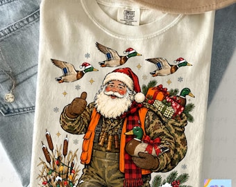 Duck Hunting Santa PNG, Camo Santa with Mallard Decoy and Duck Calls, Flying Santa Hat Ducks, Hunting Christmas Shirt, Duck Hunter Gift