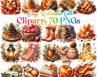 Cozy Watercolor Fall Clipart: Autumn Scrapbooking Stickers (Digital Download)
