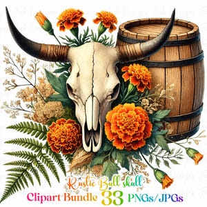 May include: A rustic bull skull with marigold flowers and a wooden barrel. The skull is white with black horns and the flowers are orange and yellow. The barrel is brown with metal hoops. The image is a digital illustration.