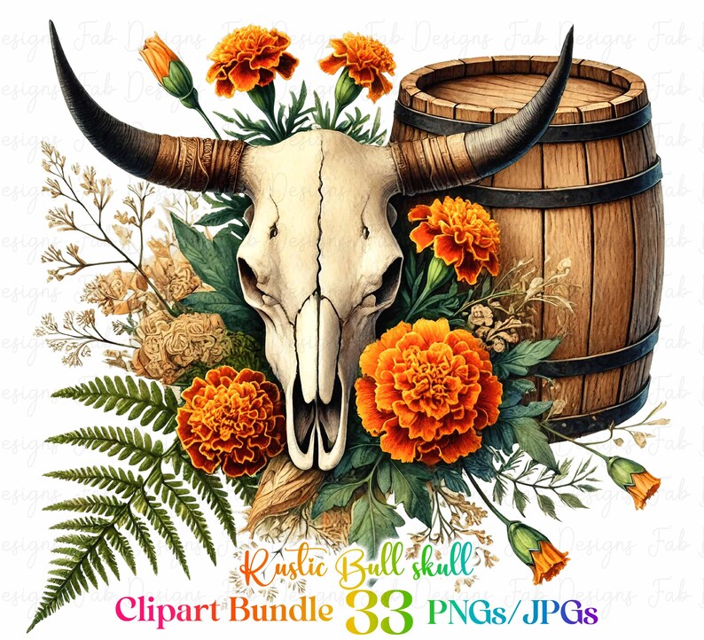 May include: A rustic bull skull with marigold flowers and a wooden barrel. The skull is white with black horns and the flowers are orange and yellow. The barrel is brown with metal hoops. The image is a digital illustration.