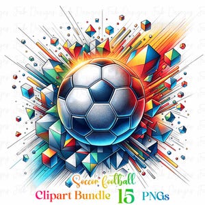 May include: A soccer ball with a white and black design is surrounded by colorful geometric shapes and lines. The background is white. The text "Soccer football Clipart Bundle 15 PNGs" is at the bottom of the image.