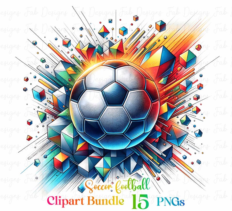 May include: A soccer ball with a white and black design is surrounded by colorful geometric shapes and lines. The background is white. The text "Soccer football Clipart Bundle 15 PNGs" is at the bottom of the image.