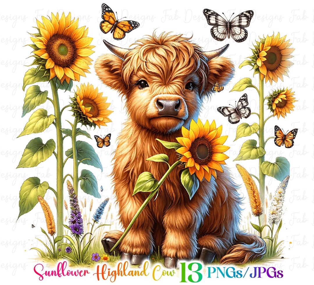 13 Highland Cow Sunflowers Clipart Bundle, Highland Cow Clipart PNG ...