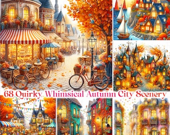 Whimsical Autumn City Scenery Graphics Bundle: Commercial Use (JPEG Digital Download)