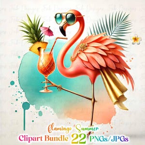 K&ouml;nnte beinhalten: Digitale Illustration eines rosa Flamingos mit Sonnenbrille, der einen Cocktail mit Ananas-Garnitur h&auml;lt. Der Flamingo hat goldene Akzente und ist vor einem Aquarellhintergrund platziert. Text: "Flamingo Summer Clipart Bundle 22 PNGs/JPGs."