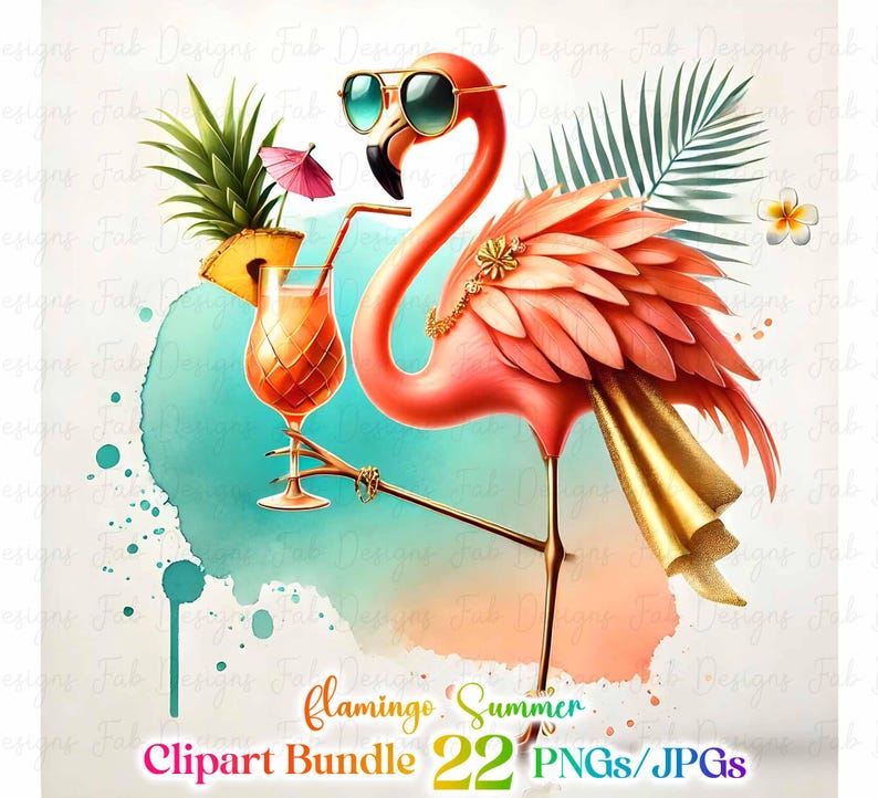 K&ouml;nnte beinhalten: Digitale Illustration eines rosa Flamingos mit Sonnenbrille, der einen Cocktail mit Ananas-Garnitur h&auml;lt. Der Flamingo hat goldene Akzente und ist vor einem Aquarellhintergrund platziert. Text: "Flamingo Summer Clipart Bundle 22 PNGs/JPGs."