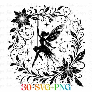 May include: A black and white silhouette of a fairy swinging from a pole, framed by floral and star patterns. The image includes the text "30 SVG+PNG" in a rainbow gradient.