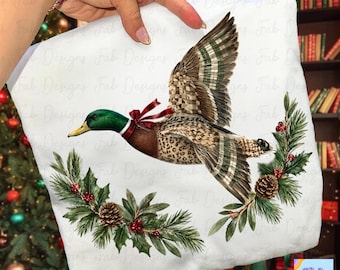 Christmas Mallard PNG, Flying Duck with Plaid Leopard Camo Wings, Red Bow and Pine Holly, Camo Christmas Shirt Design, Girl Hunter Holiday