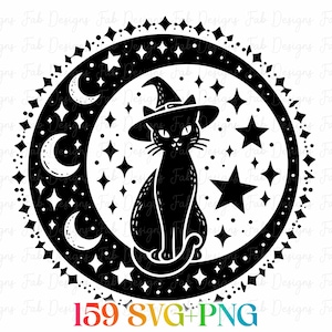 May include: Black cat wearing a witch hat, sitting inside a crescent moon, surrounded by stars and a decorative border. The image has the text "159 SVG+PNG" at the bottom. A Halloween-themed design.