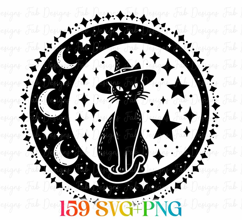 May include: Black cat wearing a witch hat, sitting inside a crescent moon, surrounded by stars and a decorative border. The image has the text "159 SVG+PNG" at the bottom. A Halloween-themed design.