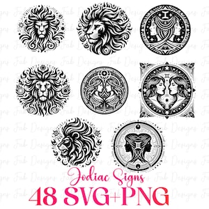 Op de afbeelding: Zwart-wit illustraties van dierenriemtekens, waaronder leeuwen en Tweelingen-symbolen, in cirkelvormige en vierkante ontwerpen. De tekst "Zodiac Signs" en "48 SVG+PNG" is in roze weergegeven.