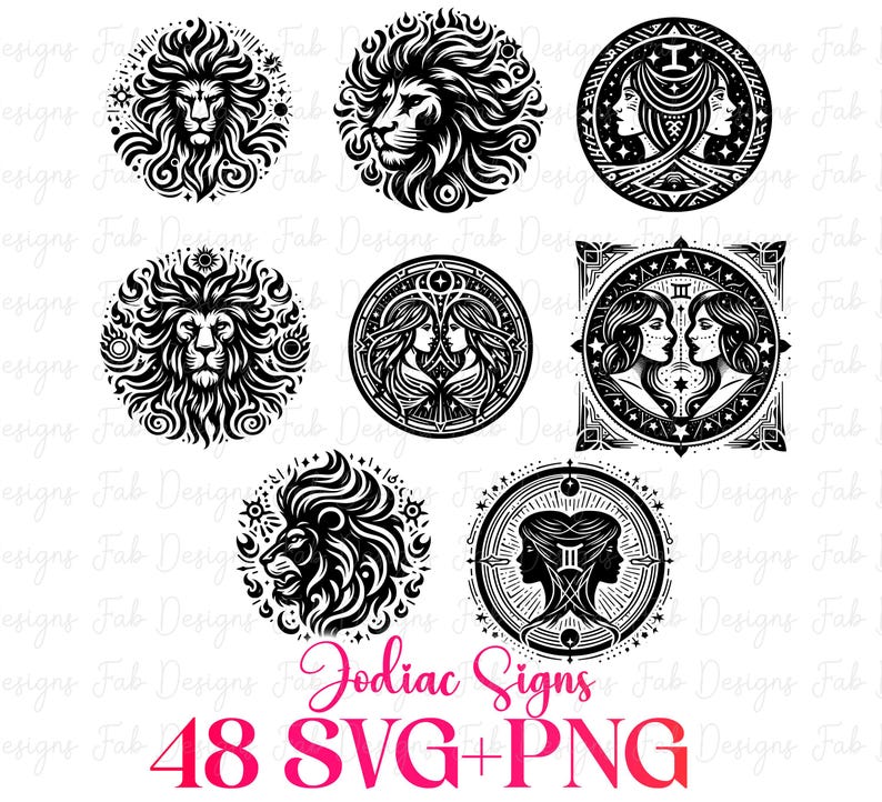 Op de afbeelding: Zwart-wit illustraties van dierenriemtekens, waaronder leeuwen en Tweelingen-symbolen, in cirkelvormige en vierkante ontwerpen. De tekst "Zodiac Signs" en "48 SVG+PNG" is in roze weergegeven.