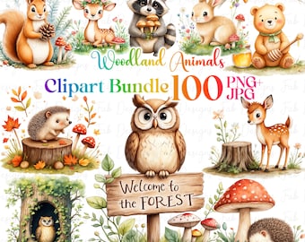 May include: A digital clipart bundle of 100 woodland animals, including a squirrel, deer, raccoon, rabbit, bear, owl, and hedgehog. The animals are illustrated in a cartoon style with watercolor textures. The clipart is perfect for creating invitations, cards, and other crafts.