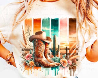 Botas y sombrero de vaquera occidental, diseño PNG: Sublimación campestre (descarga digital)