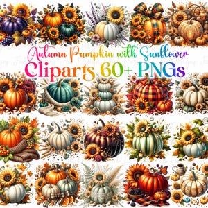 Autumn Pumpkin Sunflower Clipart Set: Fall Harvest PNG (Digital Download)
