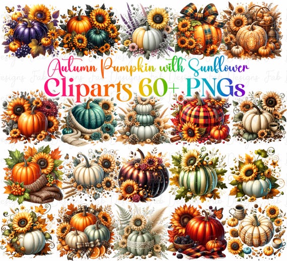 Autumn Pumpkin Sunflower Clipart Set: Fall Harvest PNG (Digital Download)