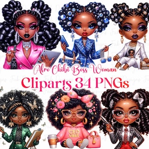 Black Chibi Girl Clipart Bundle: Boss Afro Graphics (Digital Download)